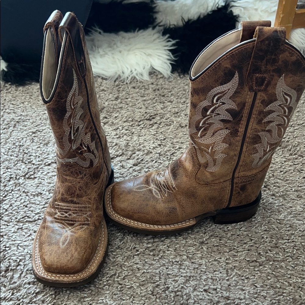 Old West Children Unisex Broad Square Toe Burnt Tan Leather Cowboy Boots